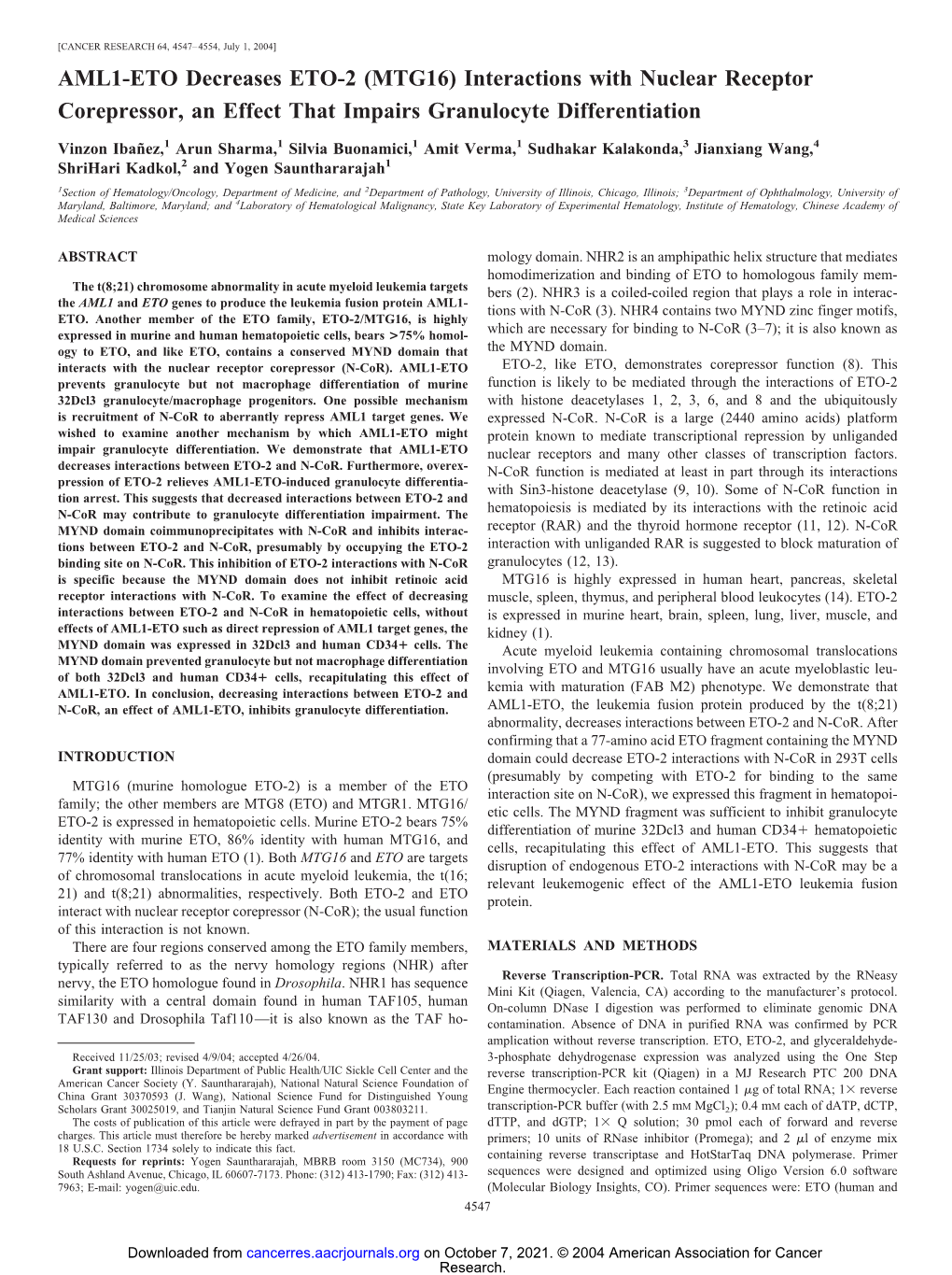 AML1-ETO Decreases ETO-2 (MTG16) Interactions with Nuclear Receptor Corepressor, an Effect That Impairs Granulocyte Differentiation