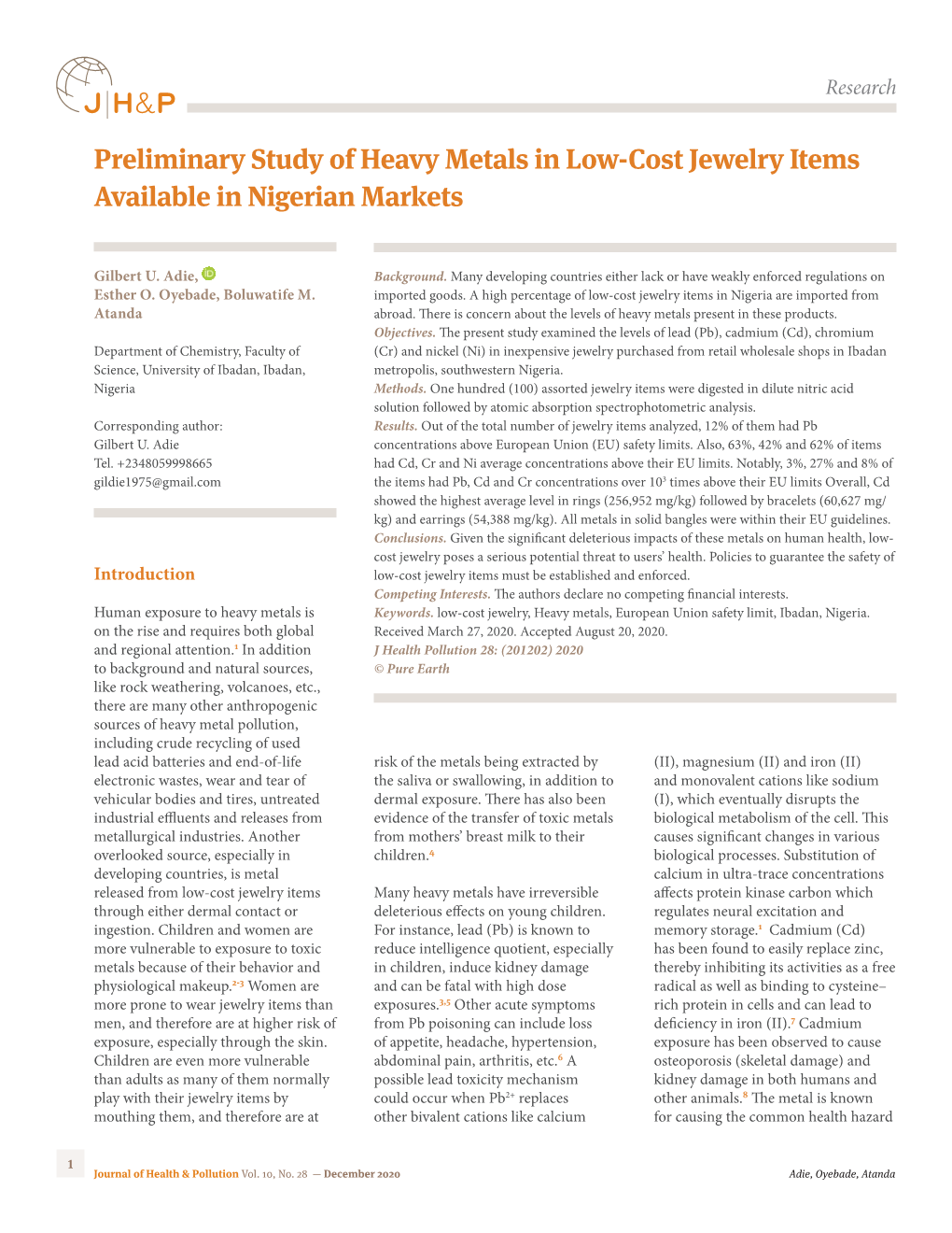 Preliminary Study of Heavy Metals in Low-Cost Jewelry Items Available in Nigerian Markets