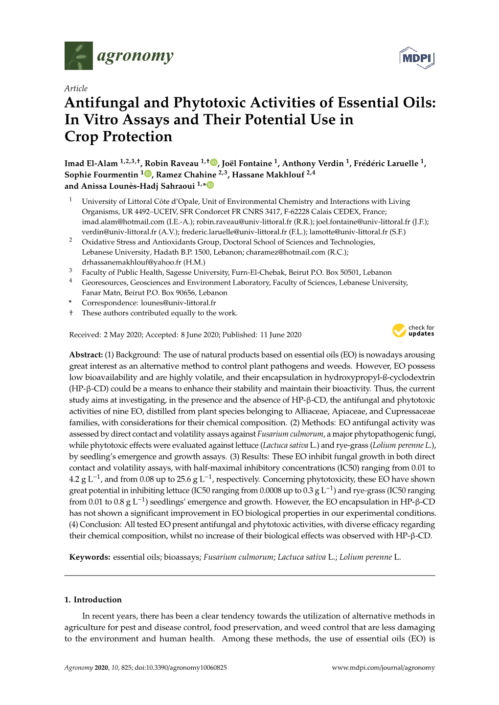 Antifungal and Phytotoxic Activities of Essential Oils: in Vitro Assays and Their Potential Use in Crop Protection