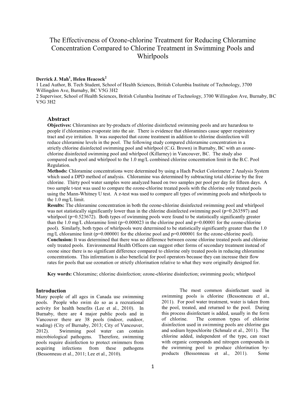 The Effectiveness of Ozone-Chlorine Treatment for Reducing Chloramine Concentration Compared to Chlorine Treatment in Swimming Pools and Whirlpools