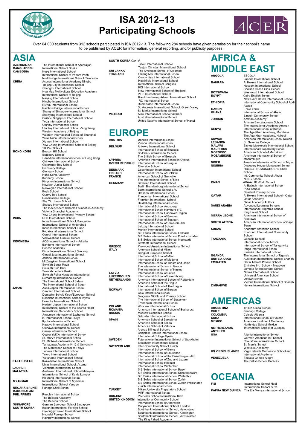 ISA 2012–13 Participating Schools ASIA EUROPE AFRICA & MIDDLE