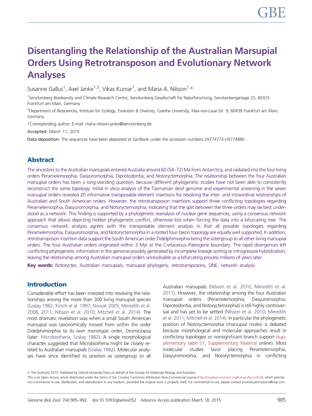 Disentangling the Relationship of the Australian Marsupial Orders Using Retrotransposon and Evolutionary Network Analyses