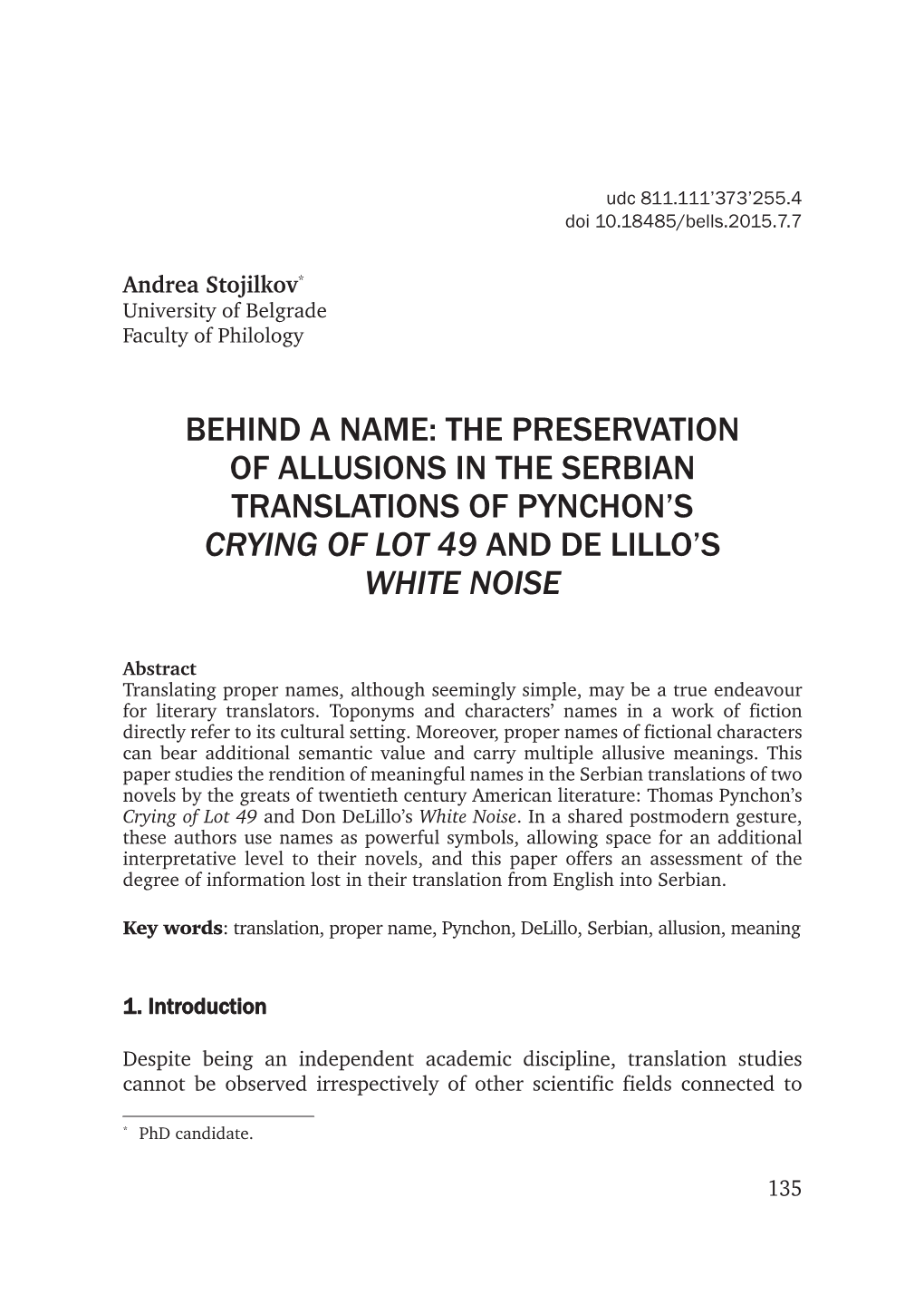 Behind a Name: the Preservation of Allusions in the Serbian Translations of Pynchon's Crying of Lot 49 and De Lillo's White