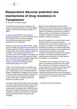 Researchers Discover Potential New Mechanisms of Drug Resistance in Toxoplasma 21 June 2011, by Helen Fosgate