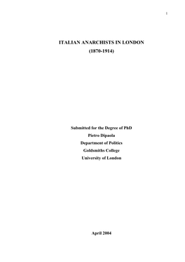 Italian Anarchists in London (1870-1914)