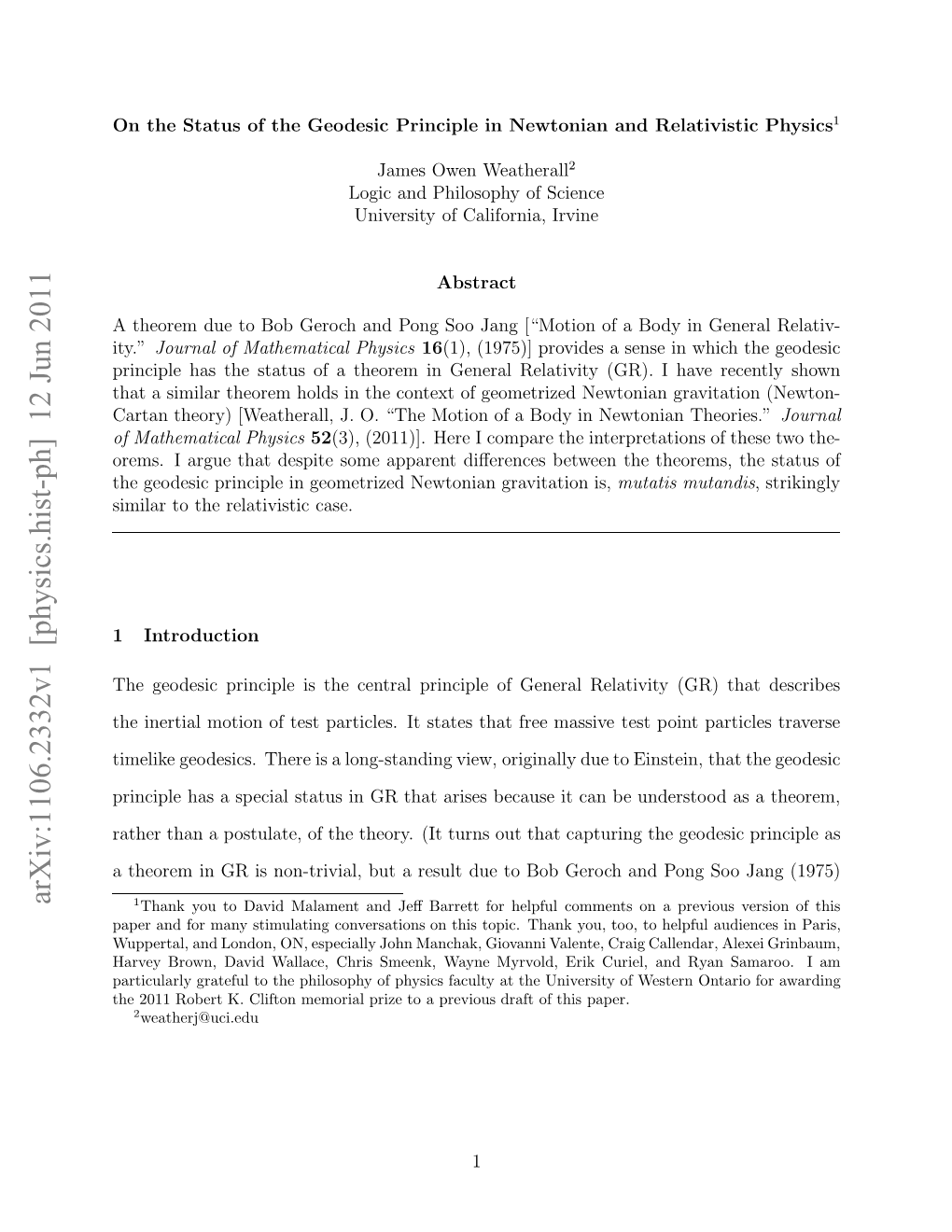 Arxiv:1106.2332V1 [Physics.Hist-Ph] 12 Jun 2011 Fmteaia Physics Mathematical of Atnter)[Eteal .O Temto Fabd Nnewtonian in Ha Body a I of (GR)