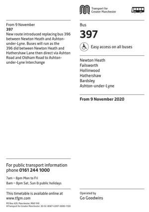 397 New Route Introduced Replacing Bus 396 Between Newton Heath and Ashton- 397 Under-Lyne