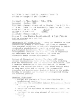 CALIFORNIA INSTITUTE of INTEGRAL STUDIES Course Description and Syllabus