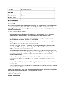 Job Title Assistant Comptroller Job Code Exempt Status Exempt