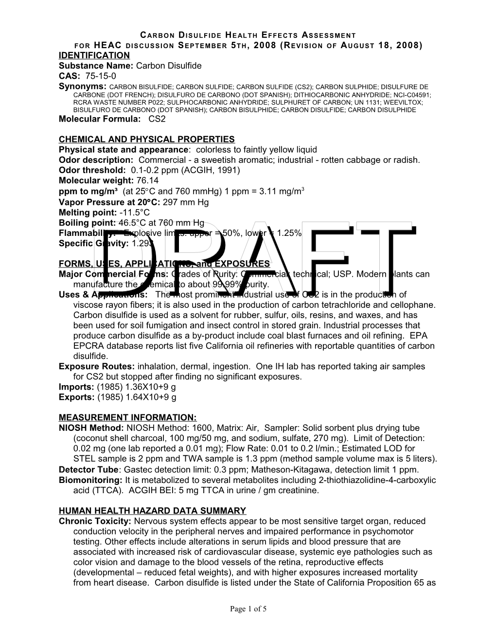 Carbon Disulfide Health Effects Assessment