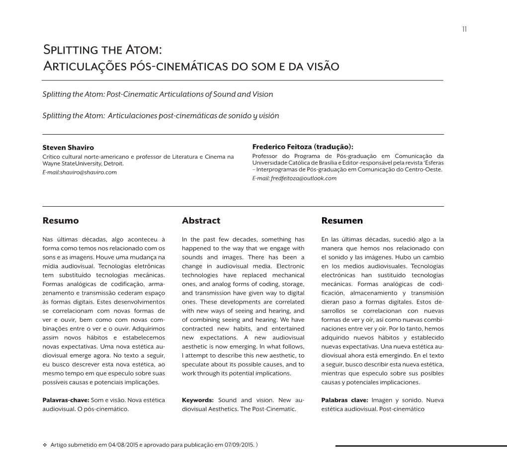 Splitting the Atom: Articulações Pós-Cinemáticas Do Som E Da Visão