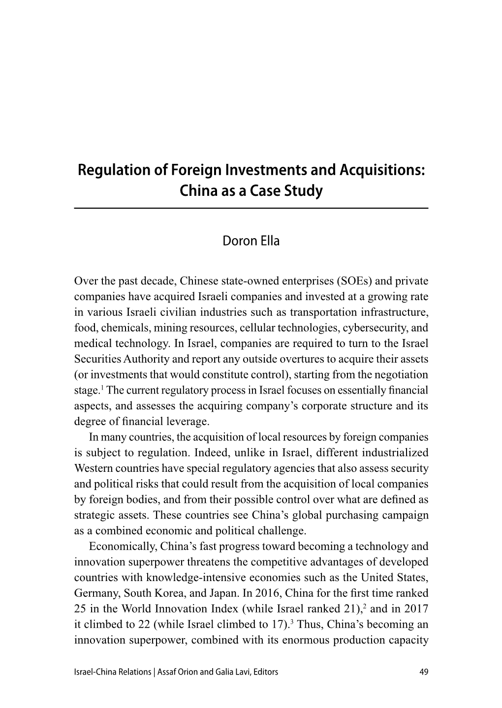 Regulation of Foreign Investments and Acquisitions: China As a Case Study