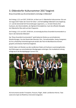 3. Oldendorfer Kultursommer 2017 Beginnt Brass-Ensemble Aus Krummendeich Erstmalig in Oldendorf