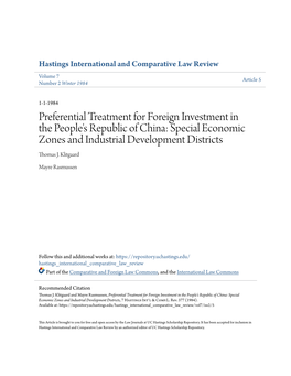 Preferential Treatment for Foreign Investment in the People's Republic of China: Special Economic Zones and Industrial Development Districts Thomas J