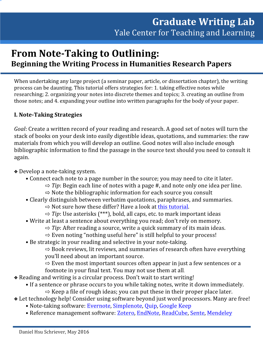 From Note-Taking to Outlining: Beginning the Writing Process in Humanities Research Papers