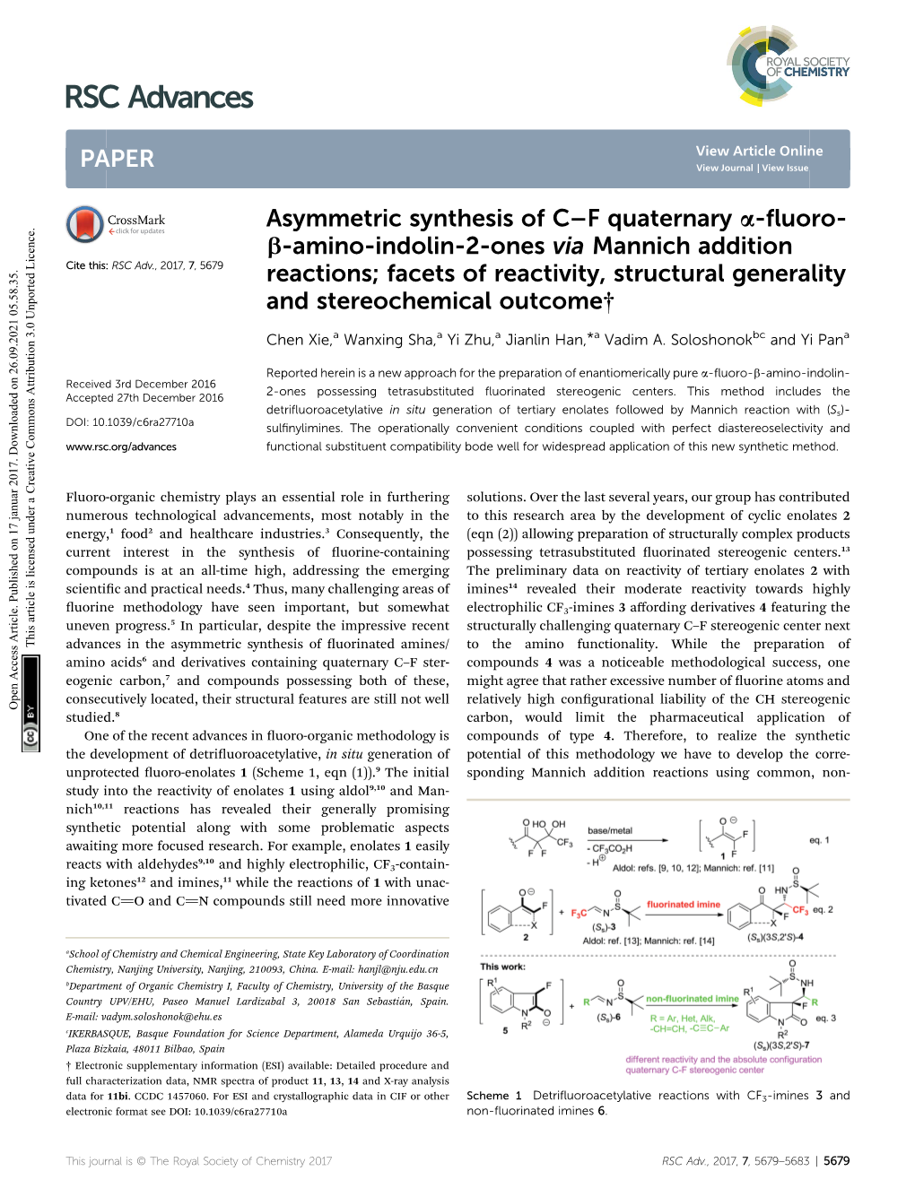 Asymmetric Synthesis of C–F Quaternary Α-Fluoro-Β-Amino-Indolin