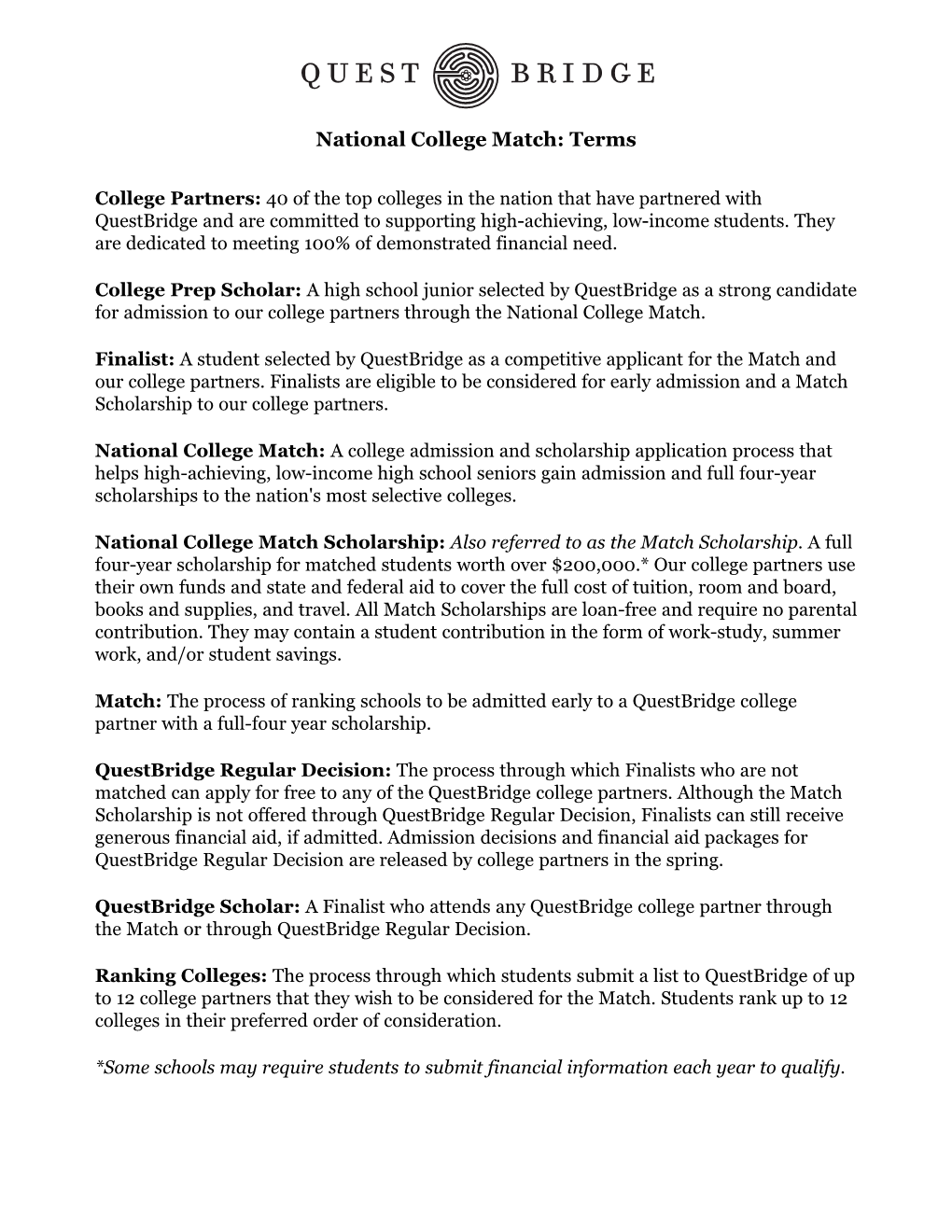 National College Match: Terms