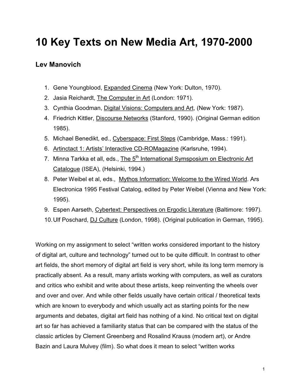 10 Key Texts on New Media Art, 1970-2000