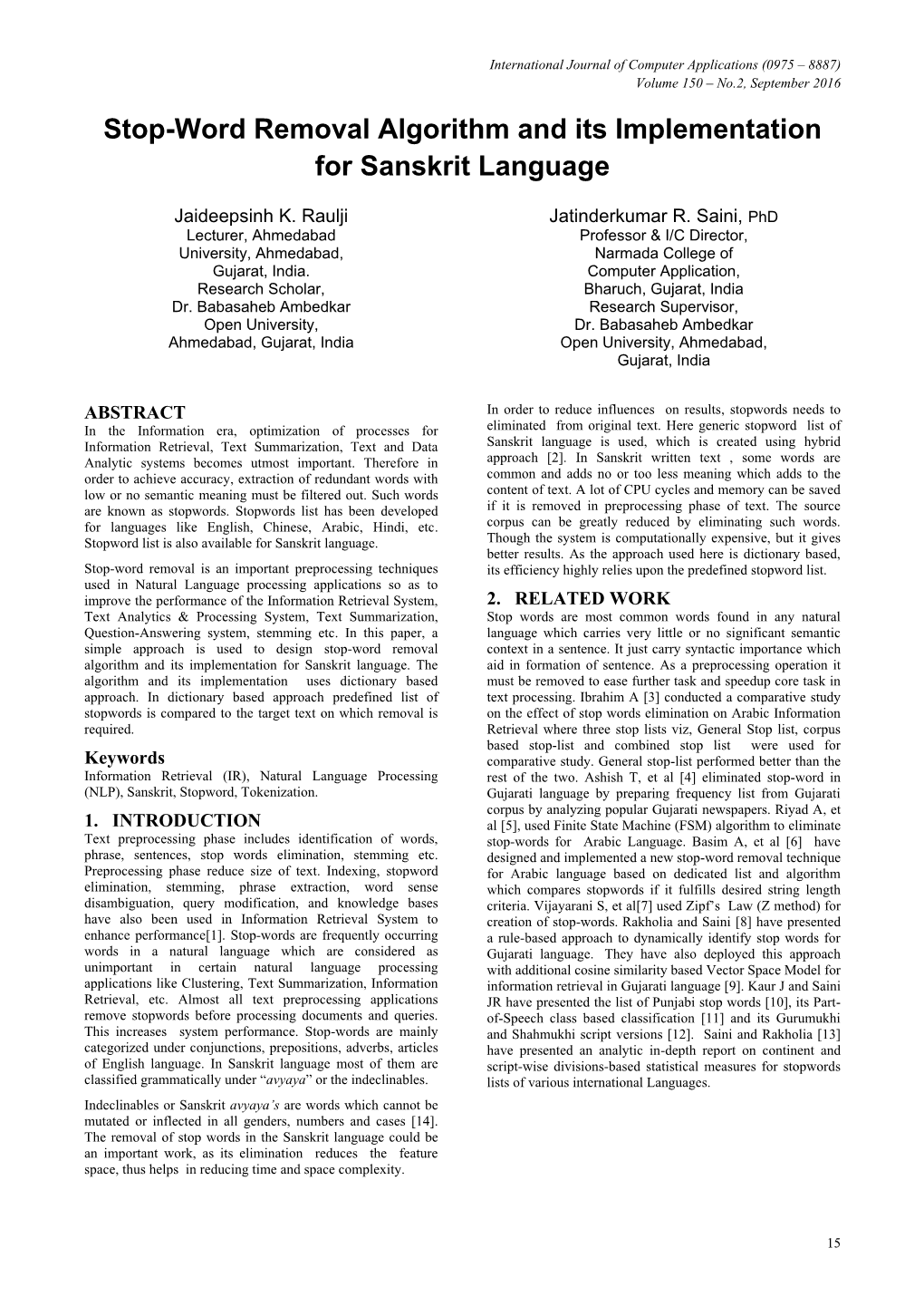 Stop-Word Removal Algorithm and Its Implementation for Sanskrit Language