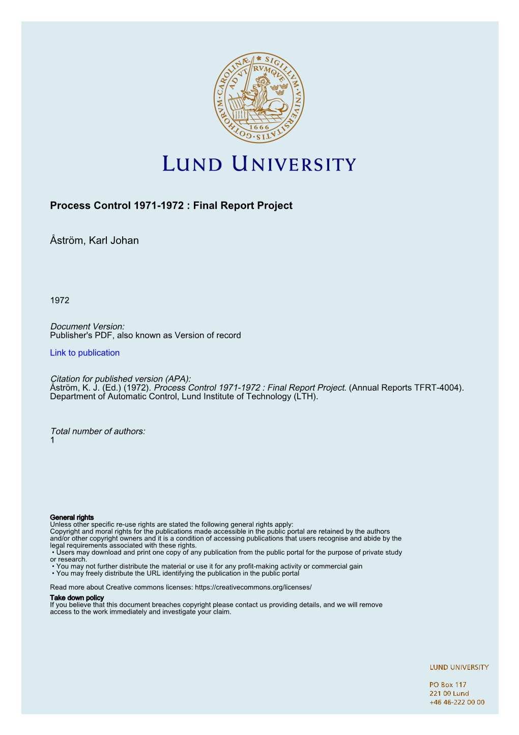 Process Control 1971-1972 : Final Report Project
