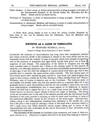 SINUSITIS AS a CAUSE of TONSILLITIS. by BEDFORD RUSSELL, F.R.C.S., Surgeon-In-Charge, Throat Departmentt, St