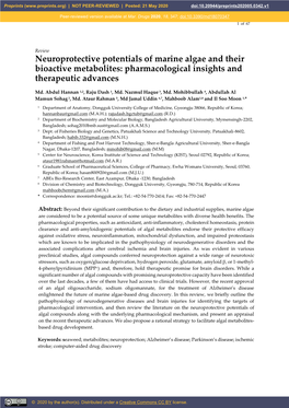 Neuroprotective Potentials of Marine Algae and Their Bioactive Metabolites: Pharmacological Insights and Therapeutic Advances