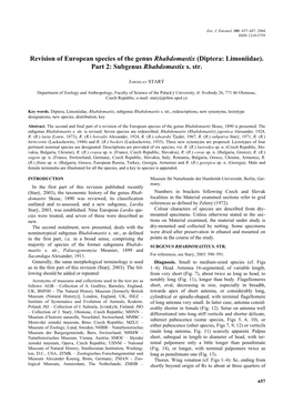 Revision of European Species of the Genus Rhabdomastix (Diptera: Limoniidae)