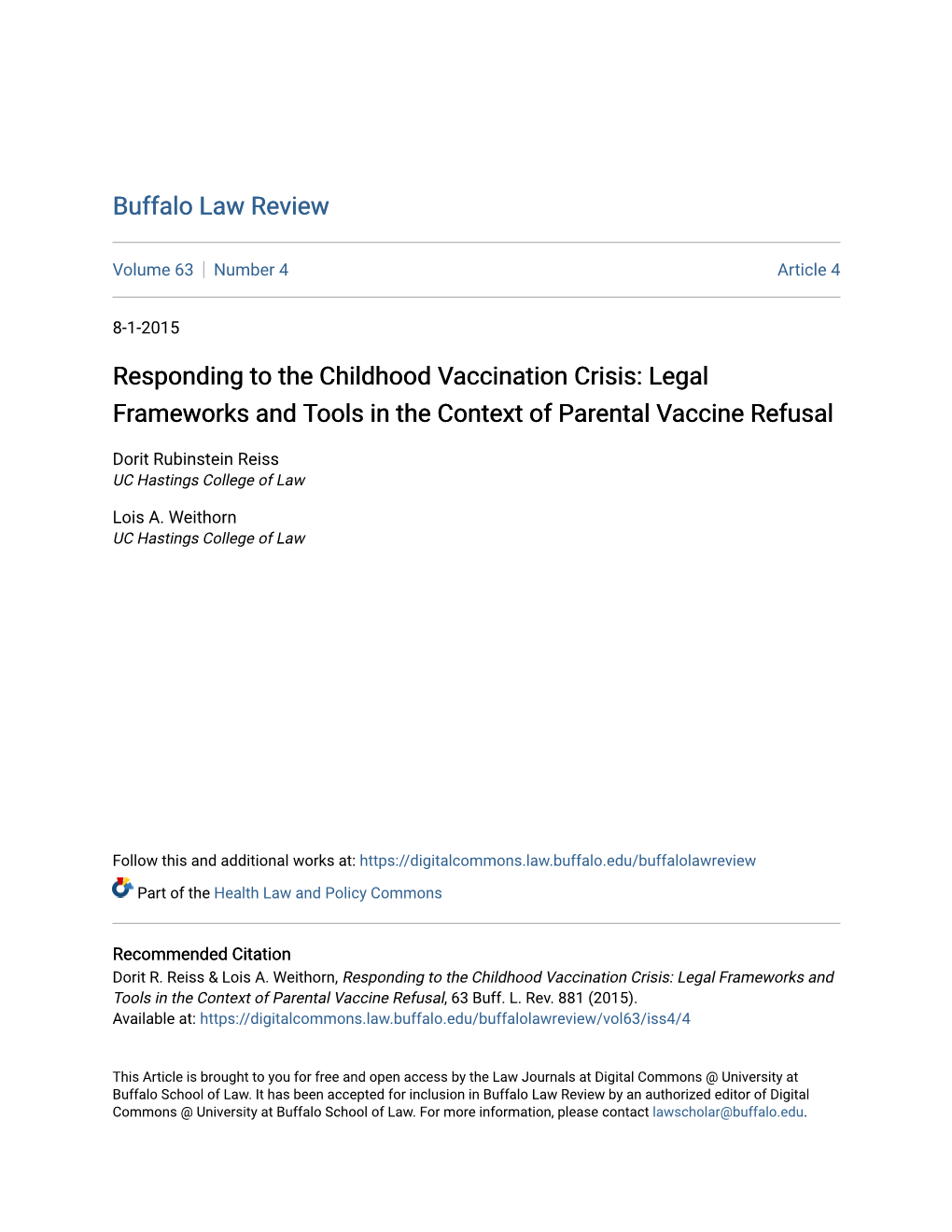 Responding to the Childhood Vaccination Crisis: Legal Frameworks and Tools in the Context of Parental Vaccine Refusal