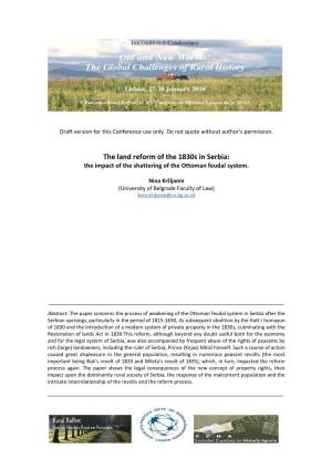 The Land Reform of the 1830S in Serbia: the Impact of the Shattering of the Ottoman Feudal System