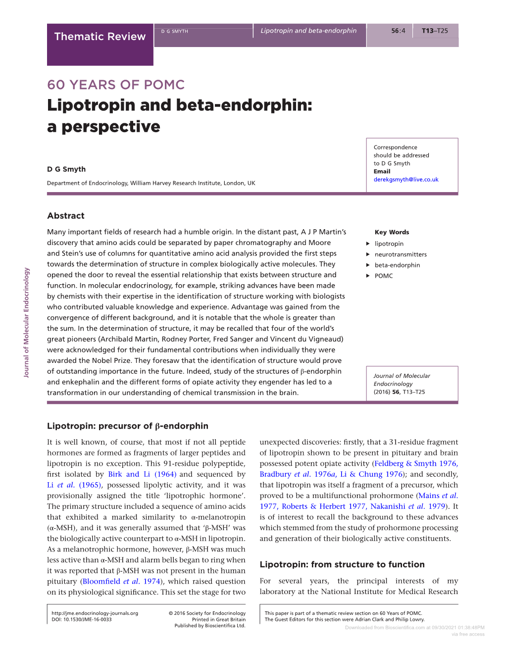 60 YEARS of POMC: Lipotropin and Beta-Endorphin: a Perspective