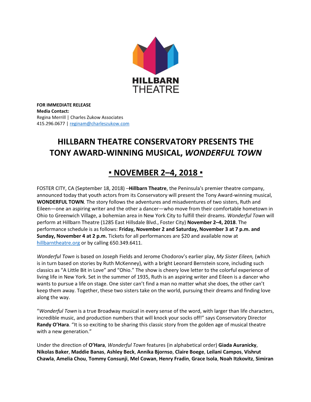 Hillbarn Theatre Conservatory Presents the Tony Award-Winning Musical, Wonderful Town