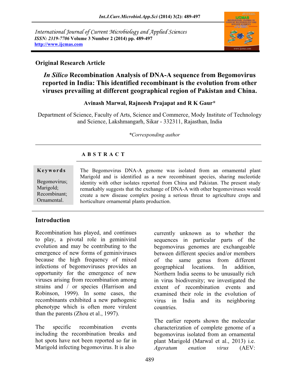 In Silico Recombination Analysis of DNA-A Sequence From