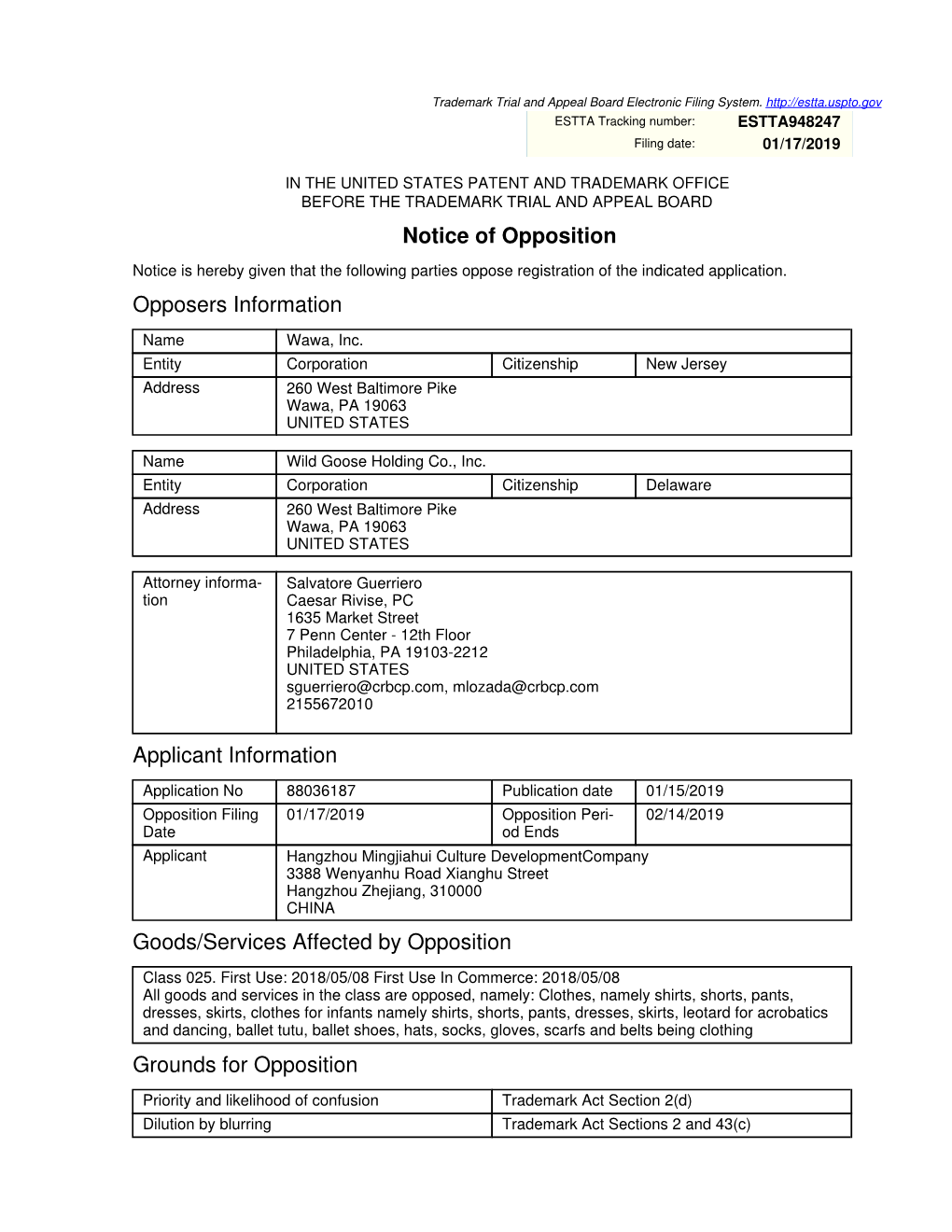 Notice of Opposition Opposers Information Applicant Information