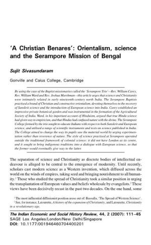 'A Christian Benares' Orientalism, Science and the Serampore Mission of Bengal»