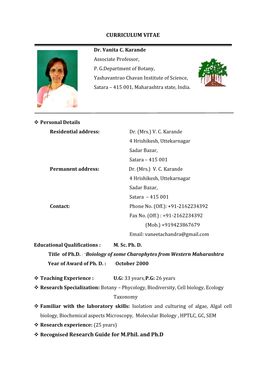 CURRICULUM VITAE Recognised Research Guide for M.Phil. and Ph.D