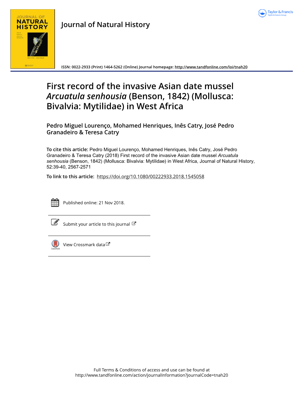 First Record of the Invasive Asian Date Mussel Arcuatula Senhousia (Benson, 1842) (Mollusca: Bivalvia: Mytilidae) in West Africa