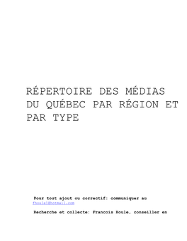 Répertoire Des Médias Du Québec Par Région Et Par Type