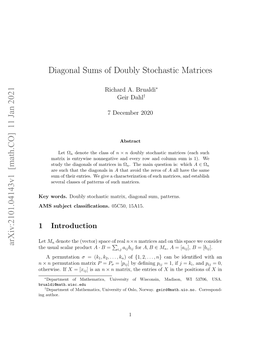 Diagonal Sums of Doubly Stochastic Matrices Arxiv:2101.04143V1 [Math