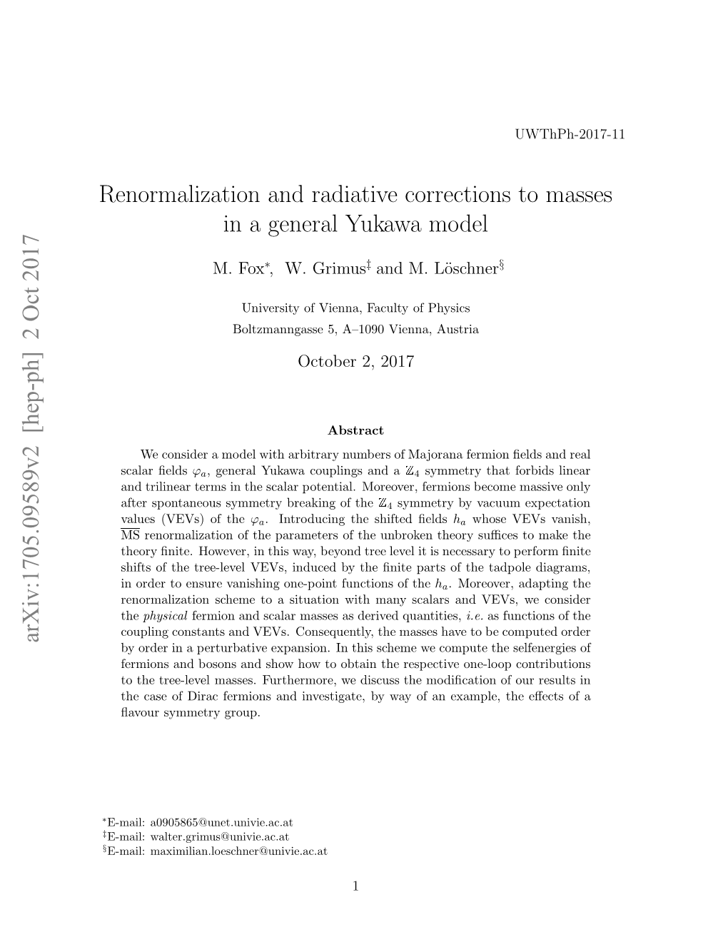 [Hep-Ph] 2 Oct 2017 Renormalization and Radiative Corrections to Masses in a General Yukawa Model