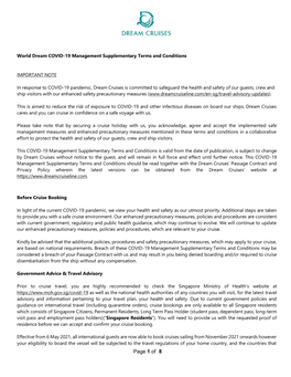 World Dream COVID-19 Management Supplementary Terms and Conditions