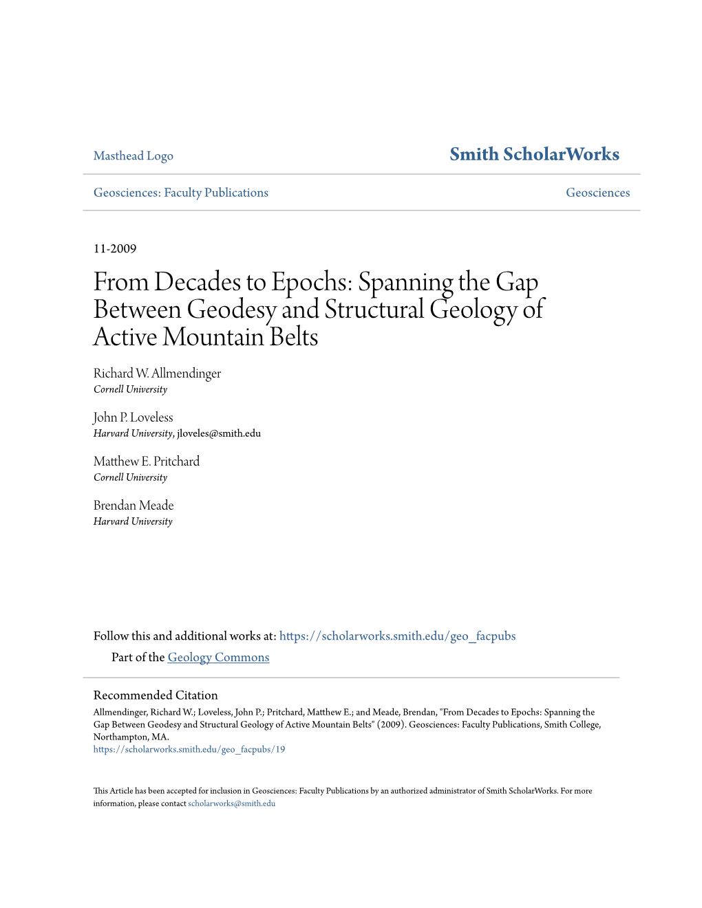 Spanning the Gap Between Geodesy and Structural Geology of Active Mountain Belts Richard W