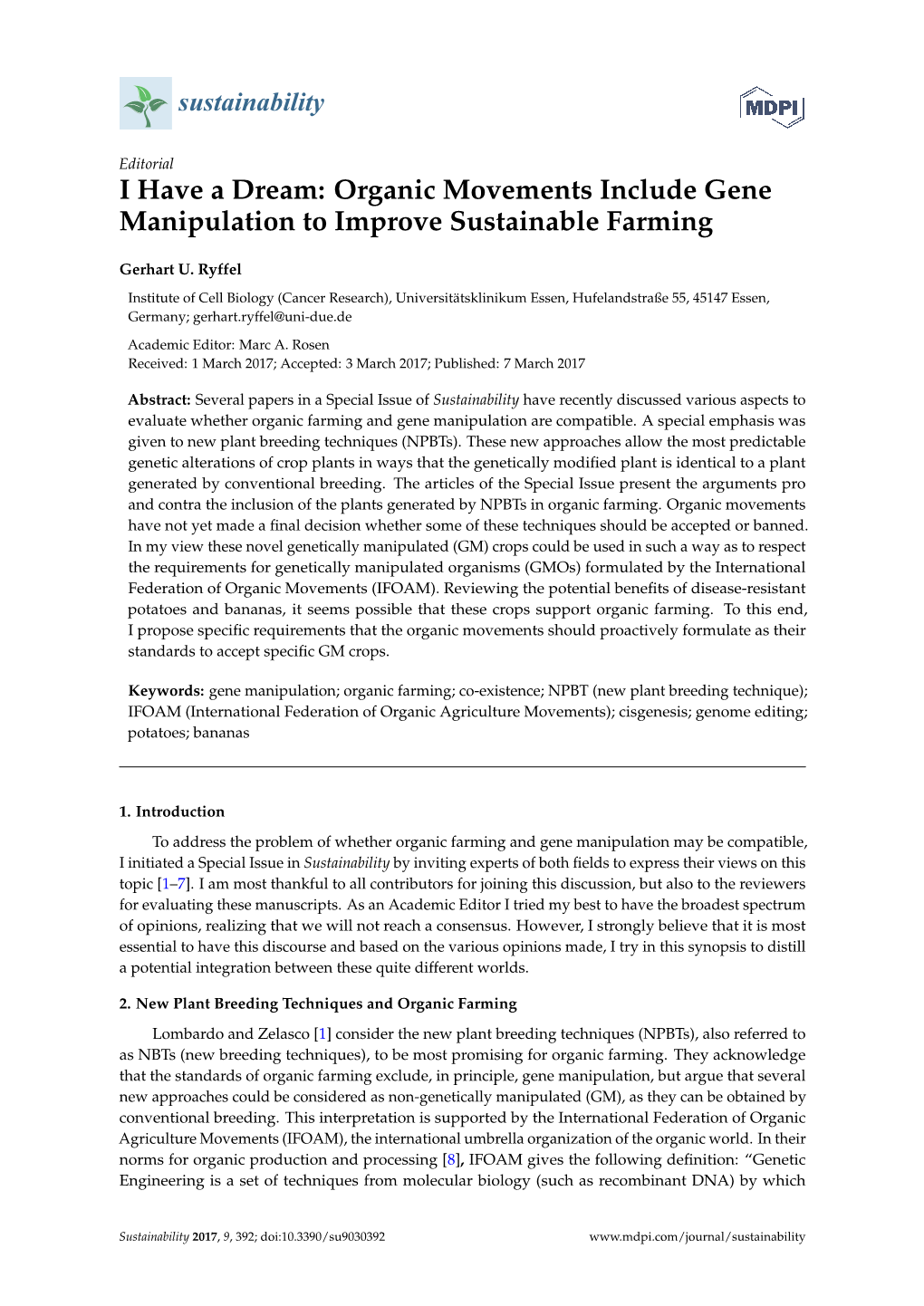 I Have a Dream: Organic Movements Include Gene Manipulation to Improve Sustainable Farming