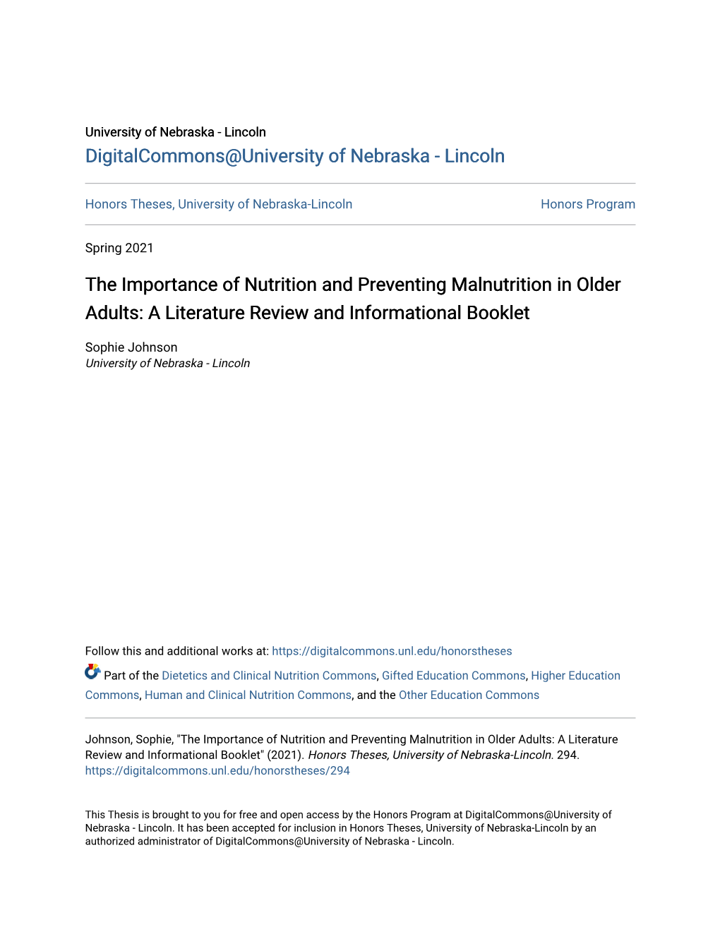 The Importance of Nutrition and Preventing Malnutrition in Older Adults: a Literature Review and Informational Booklet
