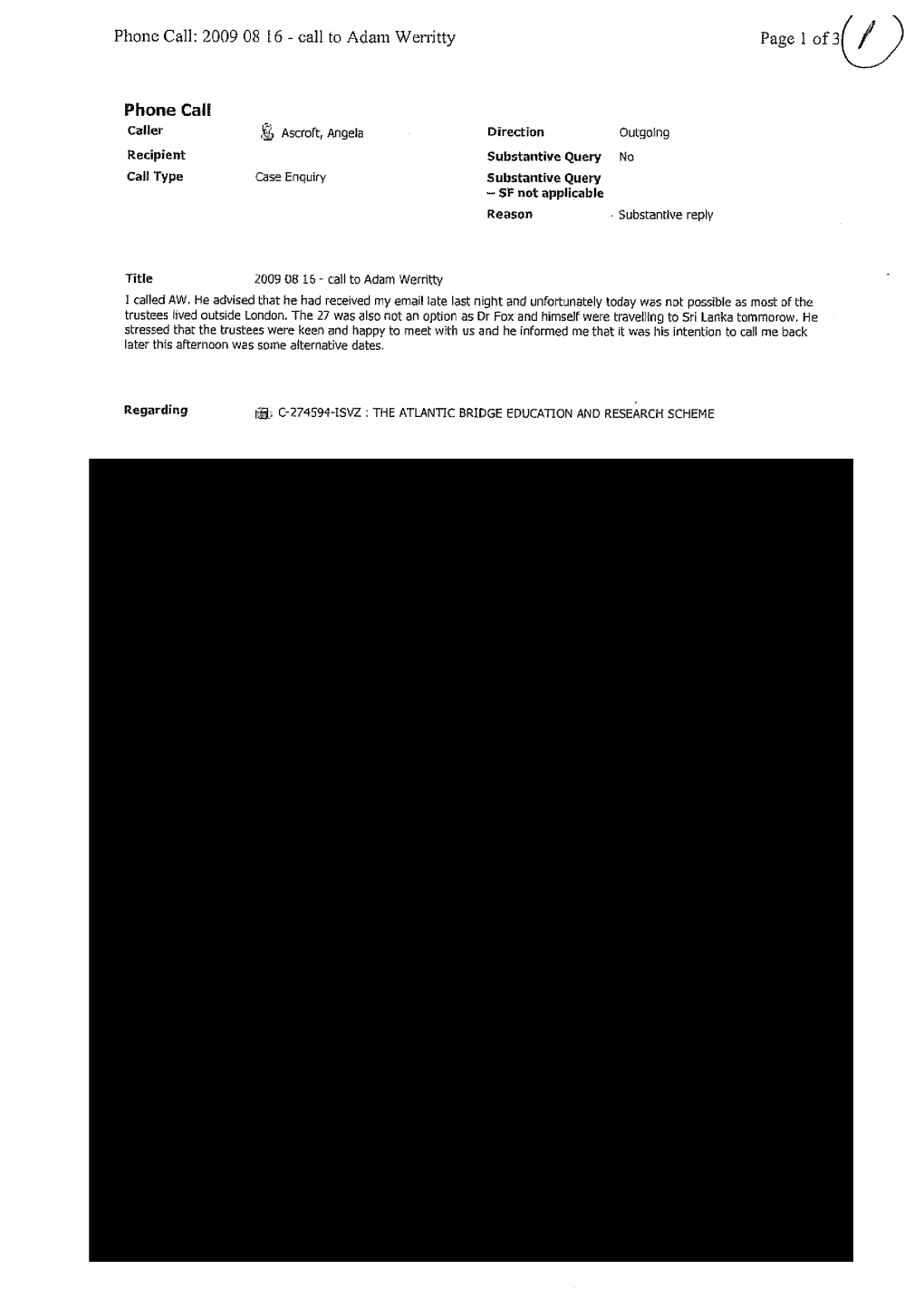 Phone Call: 2009 08 16 - Call to Adam Werritty Page 1 Cf3(0