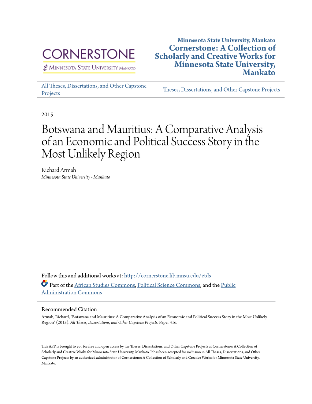 Botswana and Mauritius: a Comparative Analysis of An