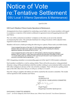 Notice of Vote Re:Tentative Settlement GSU Local 1 (Viterra Operations & Maintenance)