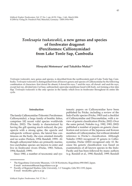Tonlesapia Tsukawakii, a New Genus and Species of Freshwater Dragonet (Perciformes: Callionymidae) from Lake Tonle Sap, Cambodia