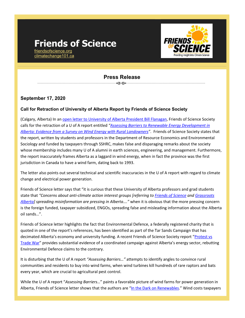 Call for Retraction of University of Alberta Report by Friends of Science Society