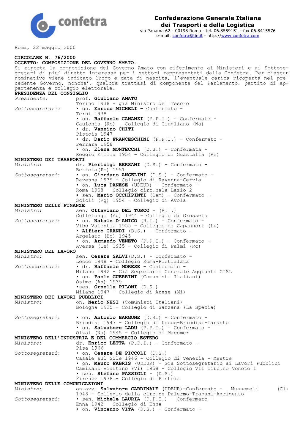 Composizione Del Governo Amato (Circ. Conf.Le 76/2000)