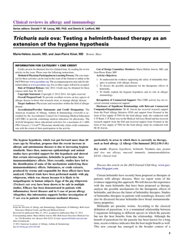 Trichuris Suis Ova: Testing a Helminth-Based Therapy As an Extension of the Hygiene Hypothesis